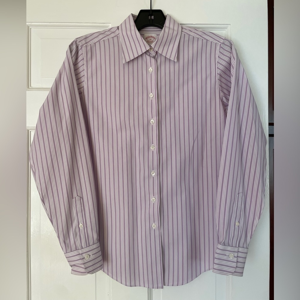 Brooks Brothers Long Sleeve Button Down Purple + White Stripes Size 4P 4 Petite